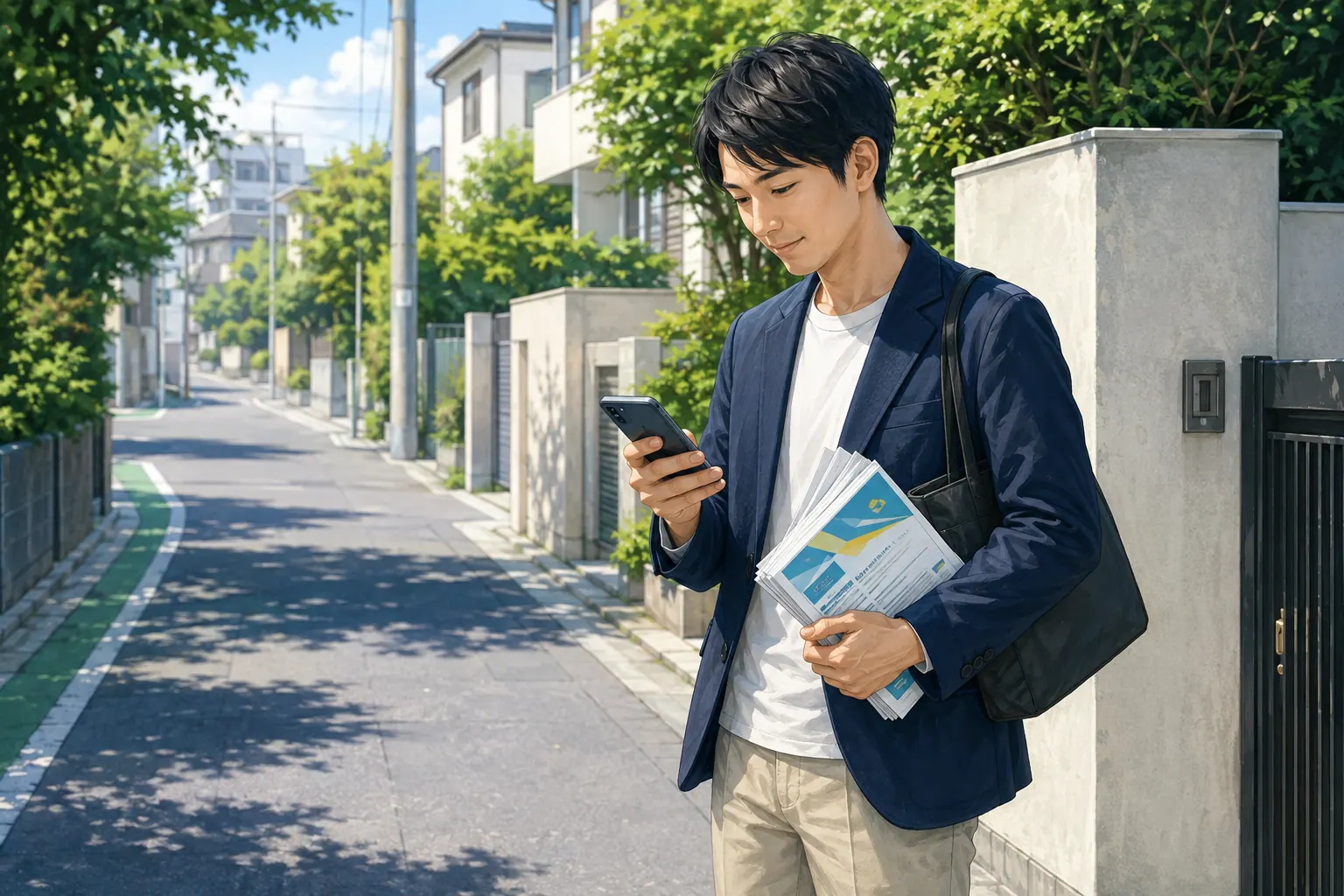 チラシとスマートフォンを確認するスタッフの活用イメージ
