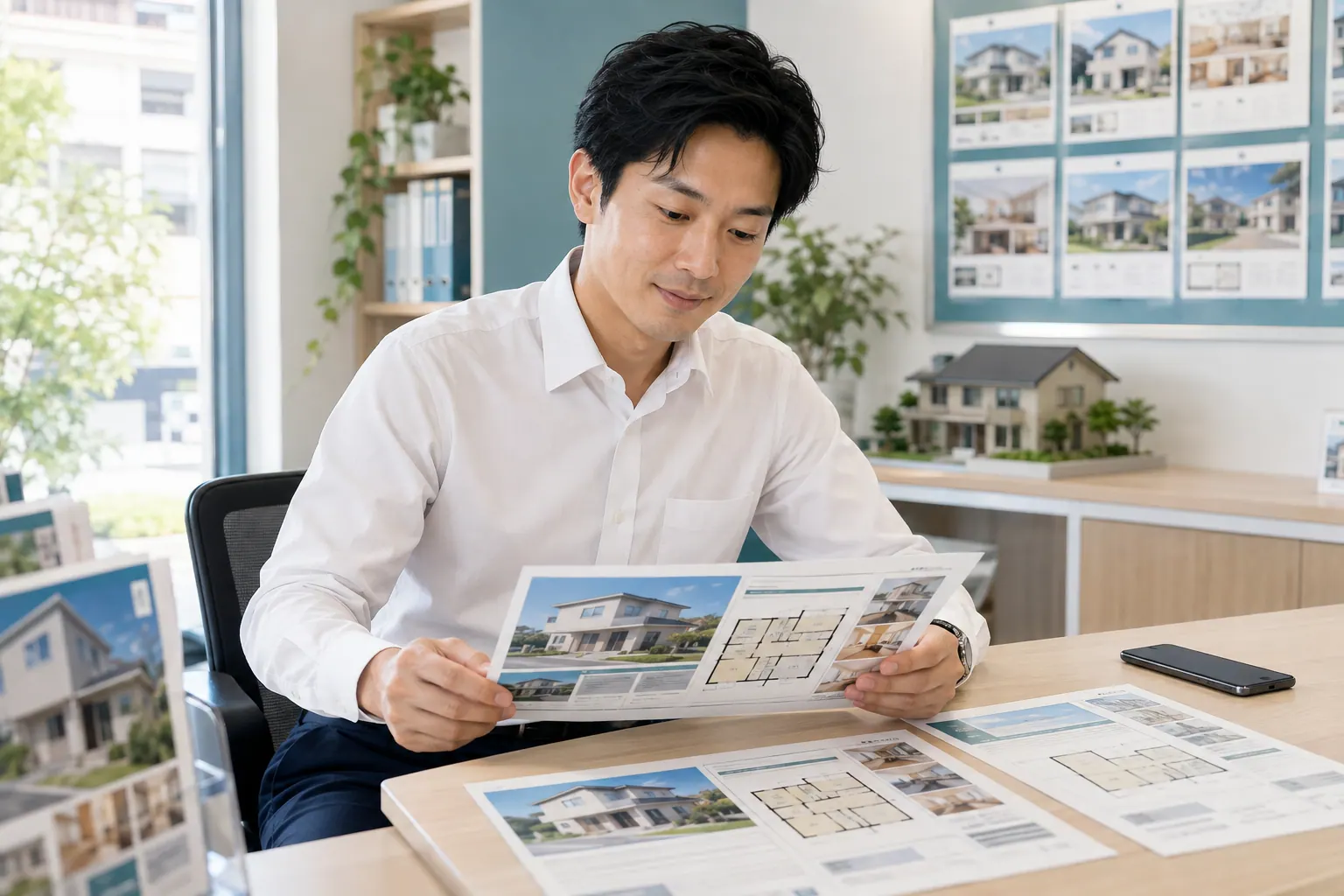 不動産会社で物件案内のチラシを準備する活用イメージ