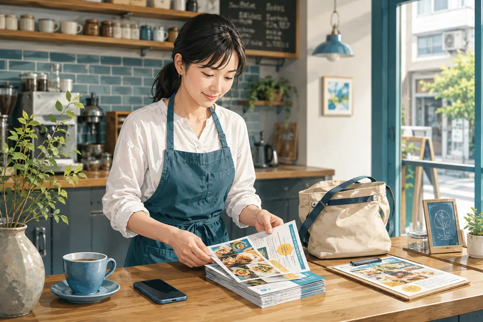 飲食店でメニューのチラシを準備する活用イメージ